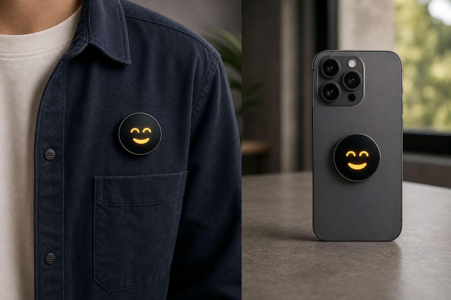 A round magnetic AI badge that can attach to clothing or the back of an iPhone